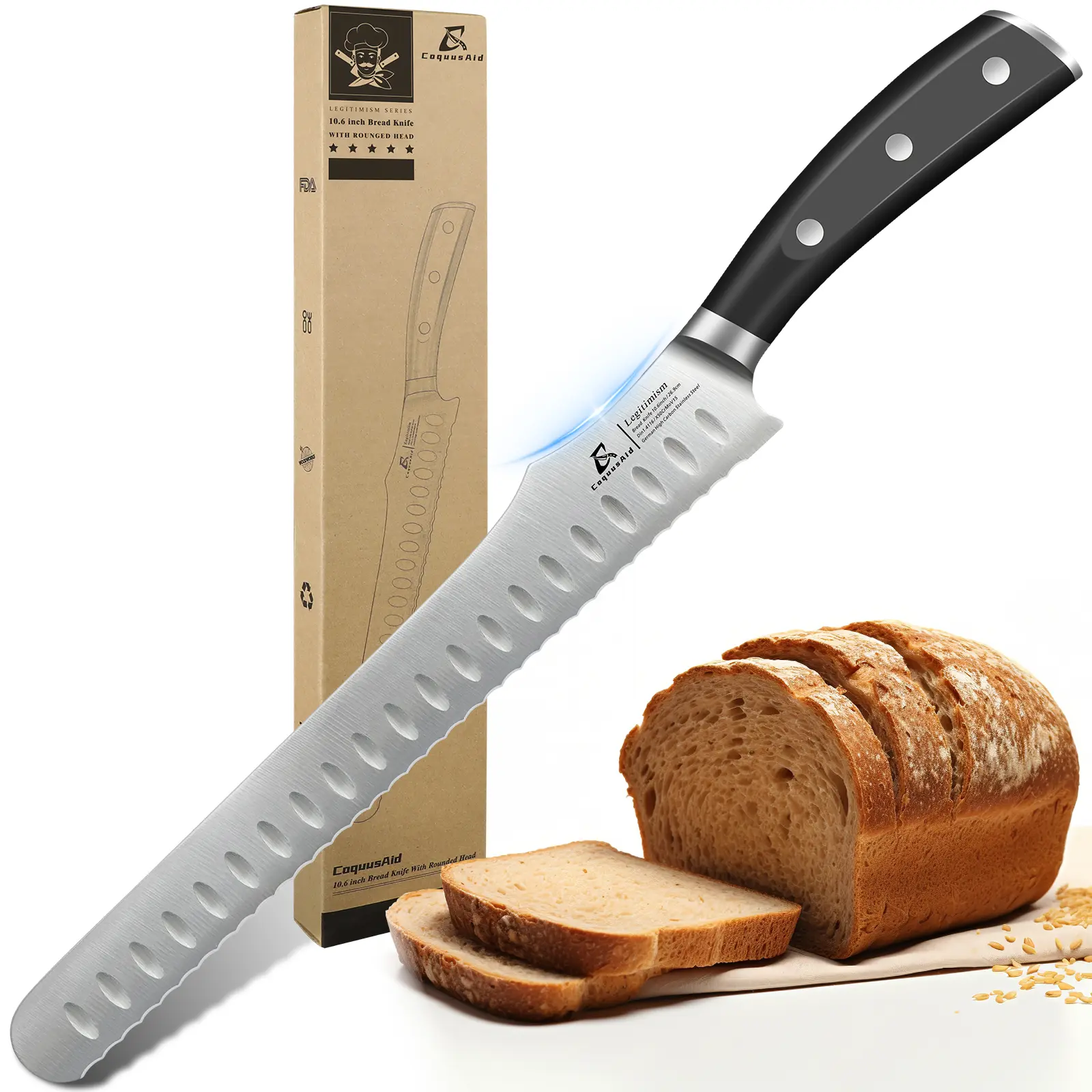 COQUUSAID 10.6-Inch Forged High Carbon German Steel Bread Knife - Wavy Serrated Razor Sharp Bread Slice Tool with Full Tang Ergonomic Integrated Design Handle, Ideal for Meat Slicing, Thoughtful Valentine's Day Gift