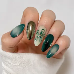 10pcs Almond Shape Nail Tips, Gradient & Silver Color, Hand-Painted Flowers, Rhinestone Decor, Glossy Finish, Reusable Fake Nails, Nail Art Supplies