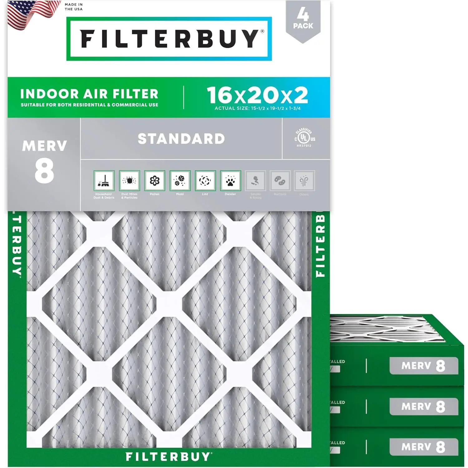 Filterbuy Residential Pleated HVAC AC Furnace Air Filter (4-Pack) - MERV 8 Rating, Electrostatic Charge, 16x20x2 in Nominal Size (15.5x19.5x1.75 in Actual Size)