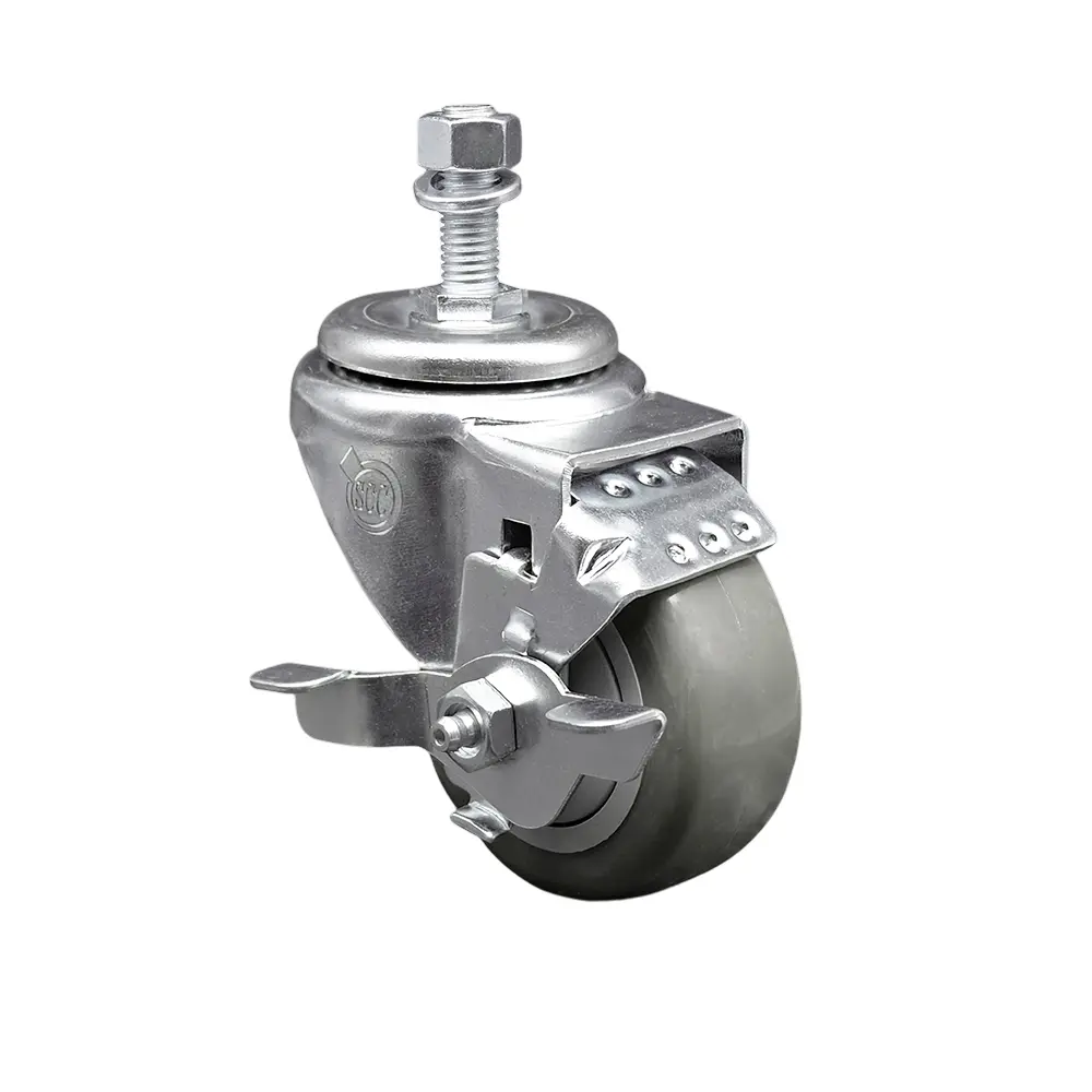 Service Caster SCC-TS20S3514-PPUB-TLB-121315 Non-Marring Polyurethane Swivel Stem Caster - 0.5 in Stem, 3.5x1.25 in Gray Wheel, Top Locking Brake, 300 lbs Capacity, Bolt Hole Compatible for Material Handling Carts, Shop Projects Equipment, 3.5 X 1.25 In