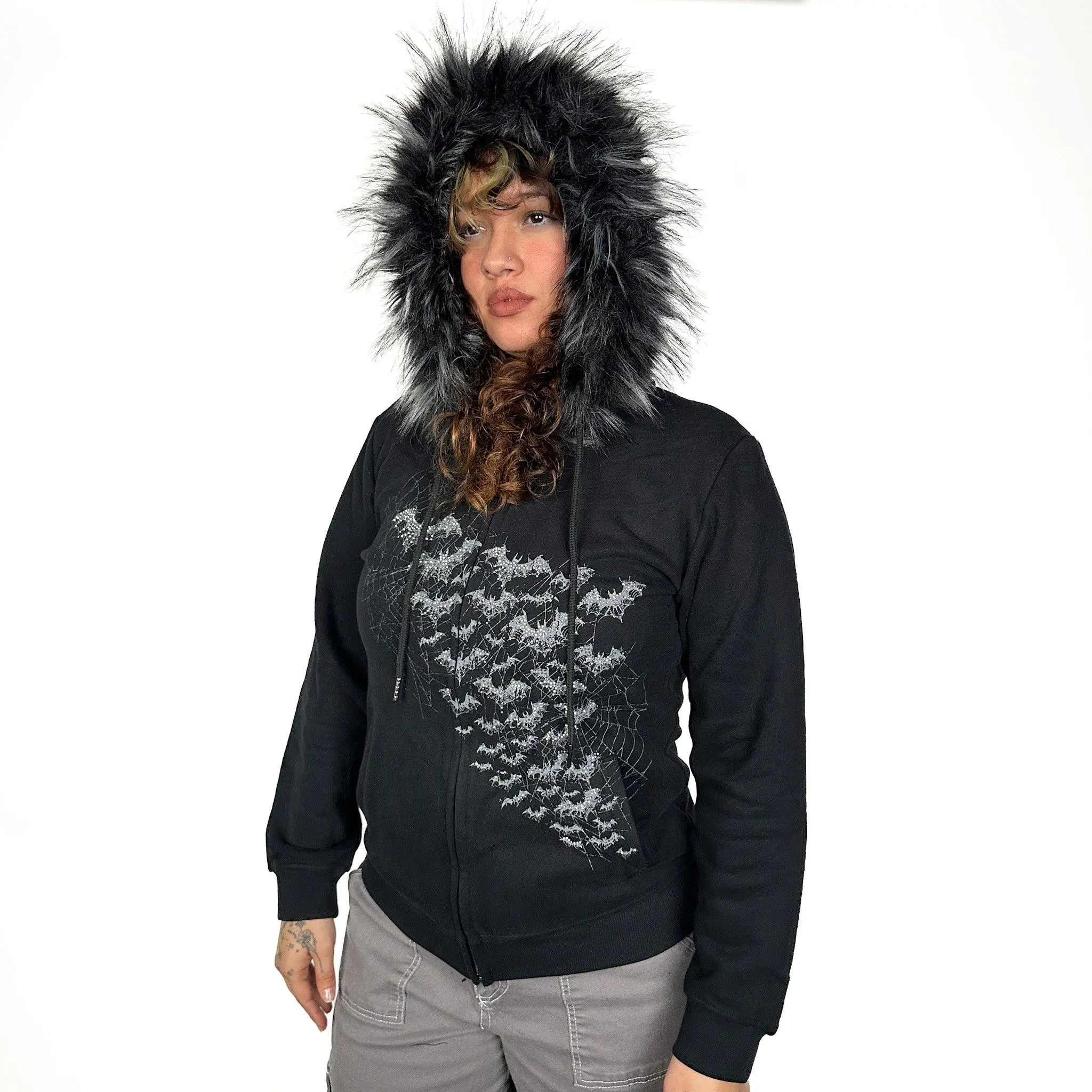 Midnight Bats Fuzzy Fur Rhinestone Zip up Hoodie Wicked Misfit Midnight Bats Fuzzy Fur Rhinestone Zip up Hoodie Wicked Misfit