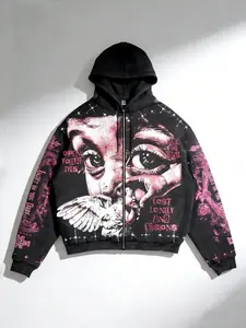Men's Y2K Retro Streetwear Hoodie, Loose-Fit Short Jacket, Angel Wings Graffiti Print Zip-Up Sweatshirt, Dark Fashion Trend, Casual Streetwear Looks