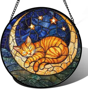 acrylic Glass Window Hanging - Orange Moon Sleeping Cat Sun Catcher for Door Home Decor Blue Starry Sky Suncatcher Christmas Mother's Day Birthday Gifts for Women Men Mom Nana 9.8 in