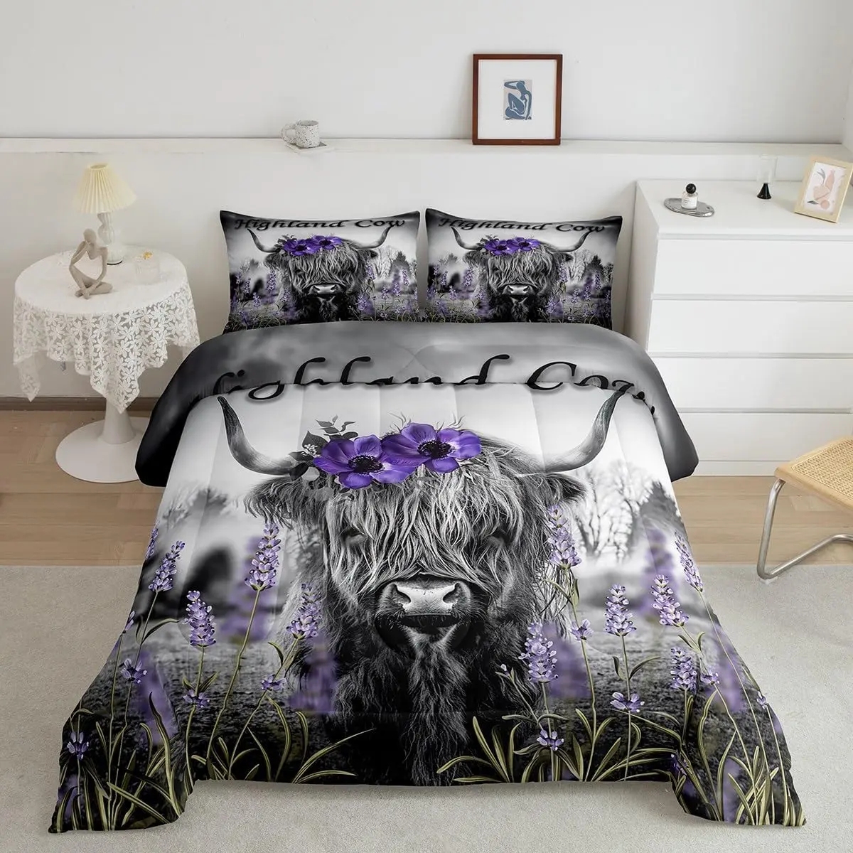 Feelyou Quilted Cow Print Bed Cover Set - Breathable Rustic Bedding Set, Western Highland Cow Duvet Insert, Cowboy Farmhouse Decor, All Seasons Travel-Friendly (King Option Available)