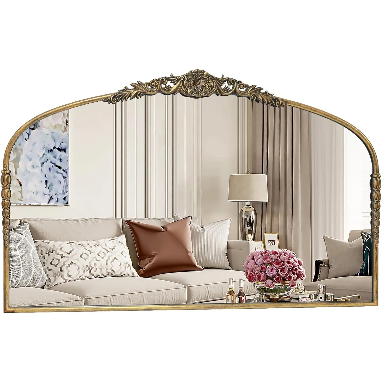 G-LEAF 48"X30" Antique Arch Vintage Baroque Mantel Mirror, Bronze Ornate Metal Frame Decorative Design Wall-Mounted Mirror, for Fireplace Entryway Vintage Home Decor