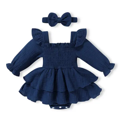 Younger Tree Solid Long-Sleeve Ruffle Romper Dress - Soft Cotton Baby Clothing, Newborn Smocked Jumpsuit, Plain Toddler Girl Outfit, Headband Included for Fall Winter