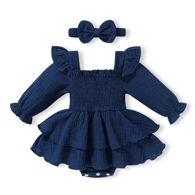 Younger Tree Solid Long-Sleeve Ruffle Romper Dress - Soft Cotton Baby Clothing, Newborn Smocked Jumpsuit, Plain Toddler Girl Outfit, Headband Included for Fall Winter