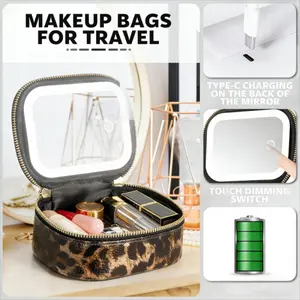 Leopard Print PU Leather Jewelry Display Case with LED Light Mirror Waterproof Makeup Organizer Luxury Cosmetic Storage Box for Home Travel