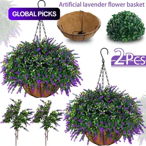 2sets hanging planters for outdoor plants with artificial Decorative flowers,2 coconut fiber hanging baskets, 60 artificial lavender flowers,for Summer and Spring Home Porch, Patio, and Terrace Decoration