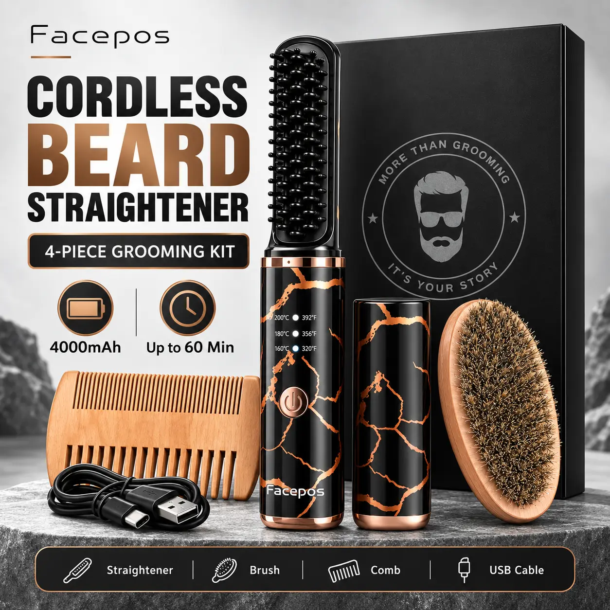 FACEPOS Wireless Heated Beard Straightener Comb for Men - Cordless Hair Styling & Salon Styling Brush, 3 Heat Settings, Anti-Scald Design, Bonus Wooden Comb, Men's Personal Care Accessory (Great for Christmas Gifts for Friend, Brother)