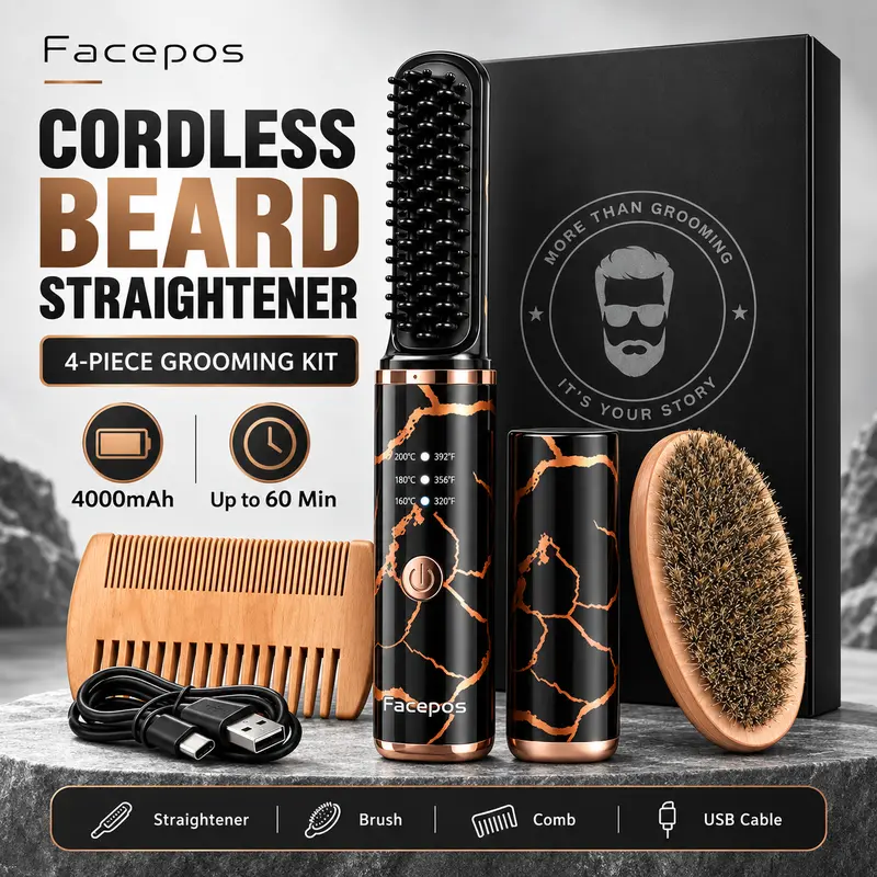 FACEPOS Wireless Heated Beard Straightener Comb for Men - Cordless Salon Styling Brush, Hair Styling Brush with 3 Heat Settings, Anti-Scald Teeth, Acrylonitrile Butadiene Styrene (ABS) Build, Bonus Wooden Comb (Great Christmas Gift for Father/Brother)