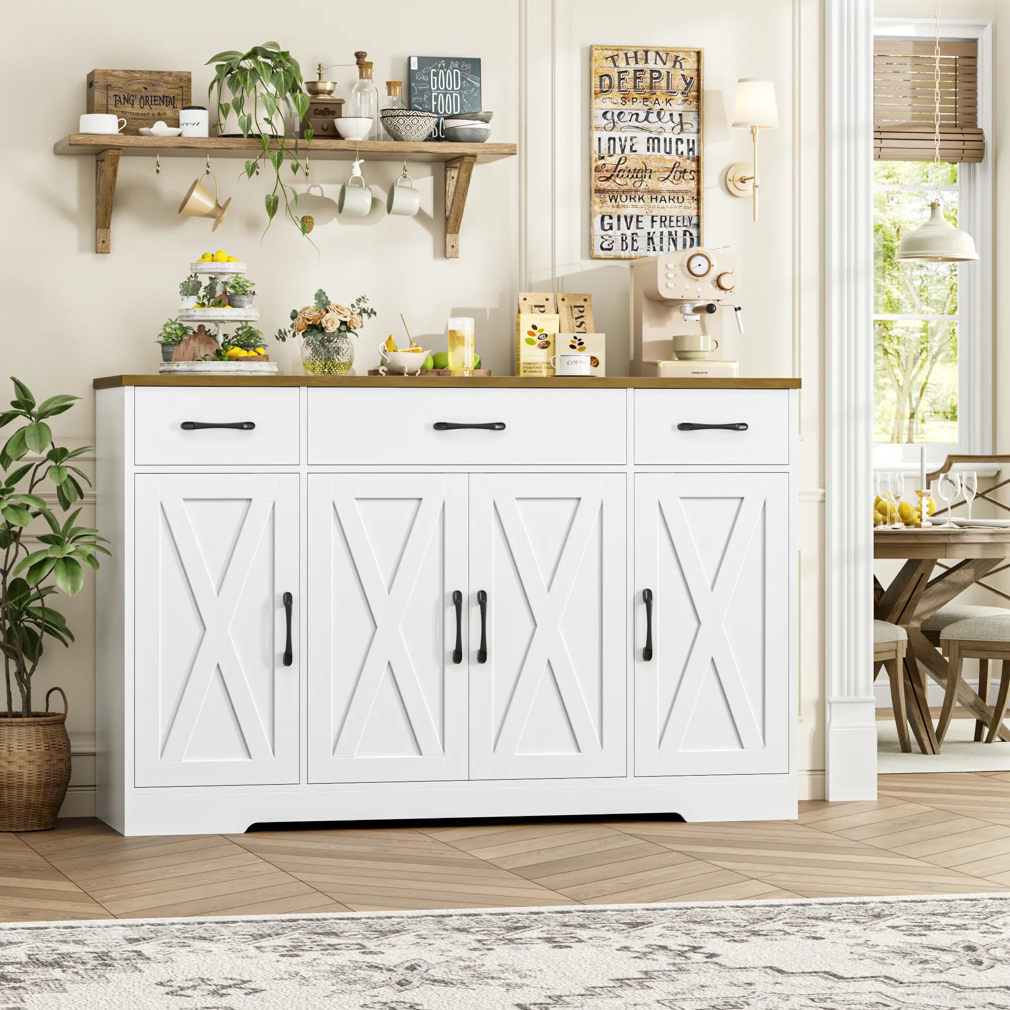 HOSTACK Modern Farmhouse Buffet Cabinet with Drawers 55" Large Sideboard Storage with Shelves Doors for Kitchen, Dining Room, Living Room, Entryway