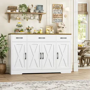HOSTACK Modern Farmhouse Buffet Cabinet with Drawers 55" Large Sideboard Storage with Shelves Doors for Kitchen Dining Room