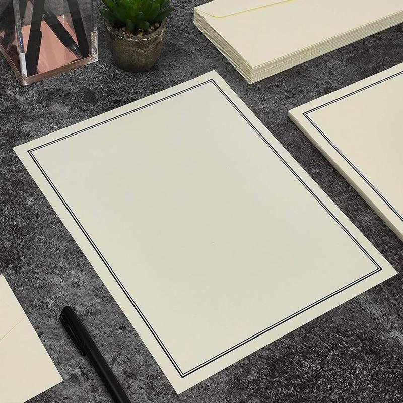 72 piece stationery set for writing letters with 48 ecru and black border paper sheets and 24 envelopes (8.5 x 11 in) Home Office