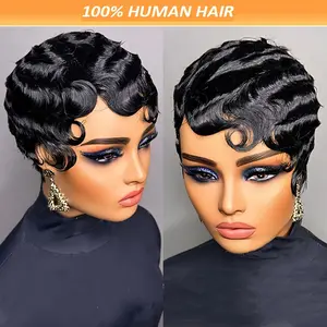 Wholesale 2025 NEW Deep Wave Finger Wave Wig Virgin Peruvian Remy Human Hair Short Pixie Cut Wigs for Women Curly Glueless Wig Full Machine Made Really Cute Finger Waves Hairstyles Short Ocean Wave Pixie Cut Wig 150% Density 4 Inch