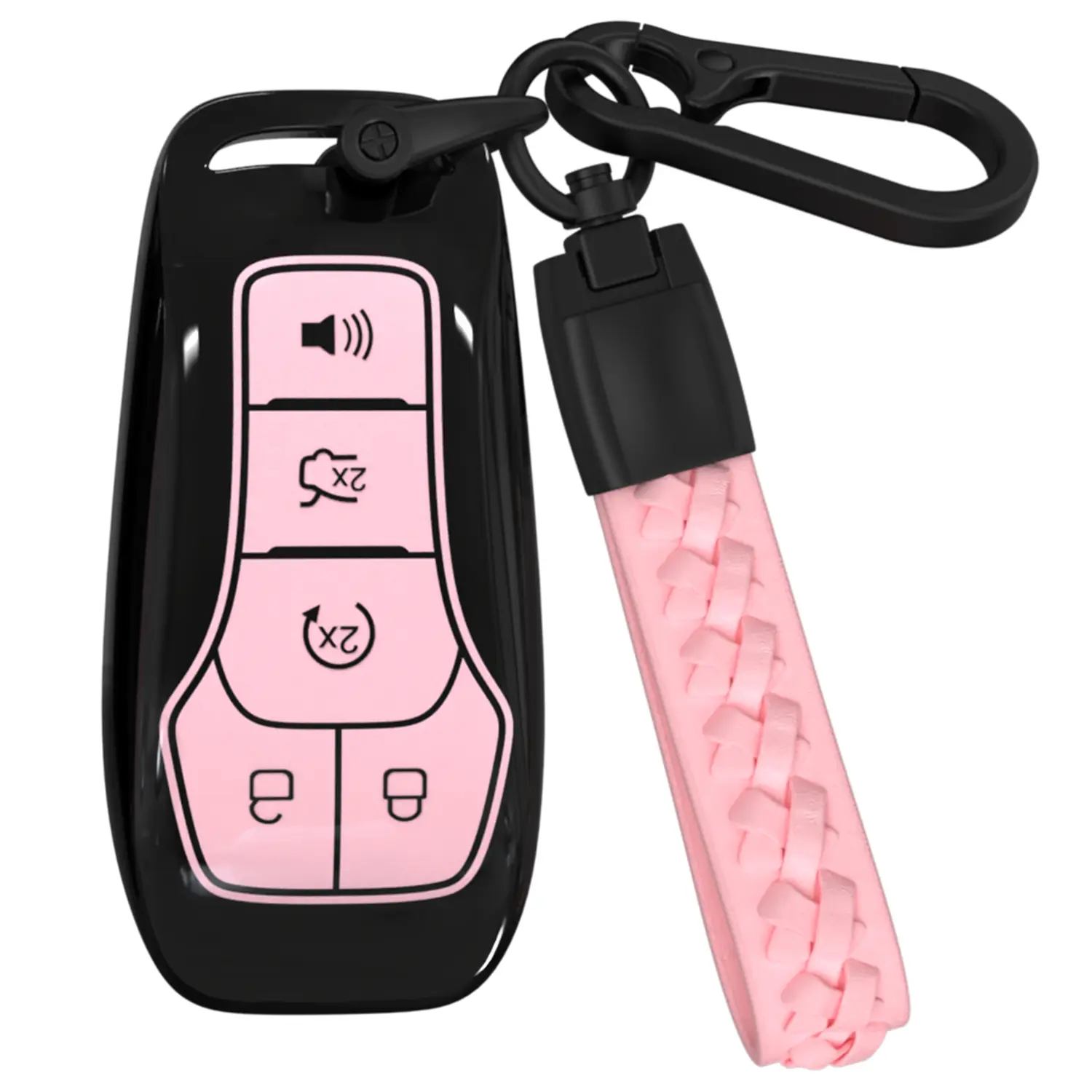 ACEBOY for Ford Key Fob Cover, Soft TPU Key Fob Case with Leather Keychain for Ford Edge Fusion Explorer Mustang Lincoln MKZ MKC MKX Smart Keyless Remote Key (Black/Pink,5 Buttons)