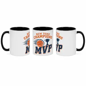 11oz Two-Tone Black Interior Ceramic Coffee Mug, Generic New York Themed Basketball Champions MVP Trophy Vintage Graphic Double Sided Print Cup, Microwave & Dishwasher Safe Sports Coffee Cup Gift For Basketball Fans