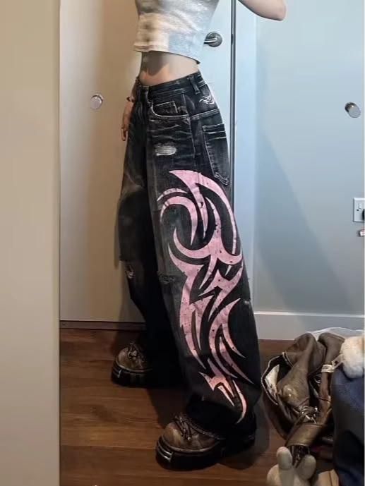 Men's & Women's Vintage Washed Wide-Leg Oversized Jeans with Tribal Embroidery - Distressed Loose Fit Y2K Aesthetic Pants, Mid-Rise Casual Wear Suitable for All-Season, Unisex Waist Harajuku Hip-hop Pants