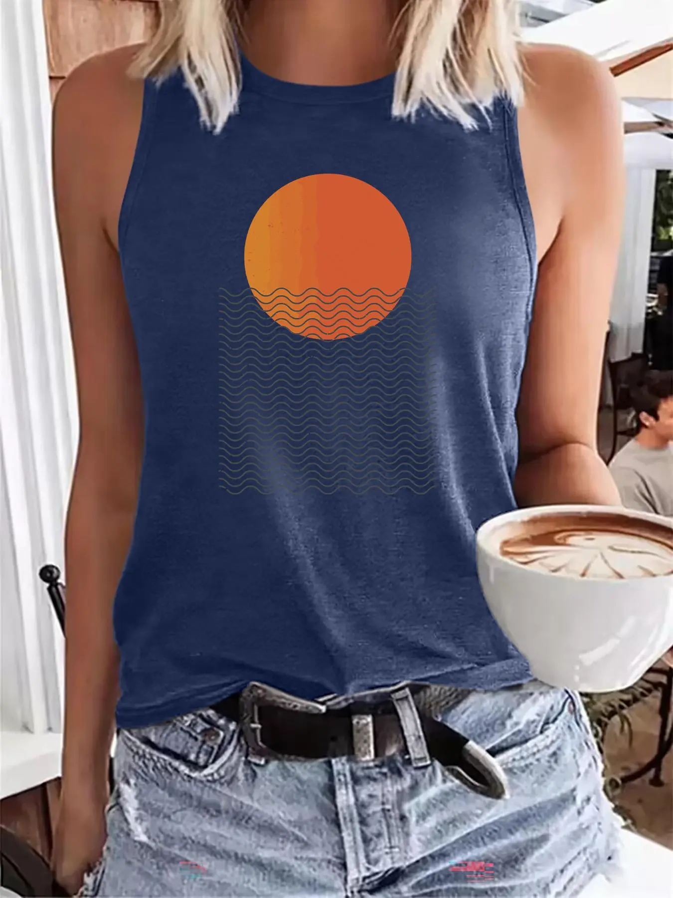 Women's Sunrise Print Round Neck Tank Top, Sleeveless Tank Tops, Casual Fit Sleeveless, Casual Sleeveless Top for Summer, Ladies Clothes for Daily Wear, Socks, Tropical, Sleeveless Tanktop