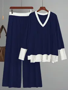 Plus Size Women's Casual Patchwork Knit Set, Elegant Long Sleeve Top & High Waist Pants, Spring & Fall Fashion Womenswear