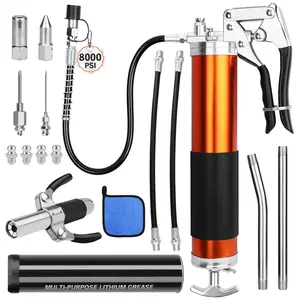 18-Piece 8000PSI Heavy Duty Grease Gun Kit with 14oz Grease, 2x11 Hoses, Flex Hose, Extension Pipes, Lock Coupler, Injector, Sharp Nozzle for Vehicle, Farm, Workshop, Marine, Easy Operation Tool