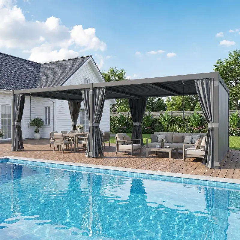 11.9x23.1FT Louvered Pergola, Aluminum Pergola with Adjustable Louvered Roof, Outdoor Pergola with Waterproof Curtains and Nets
