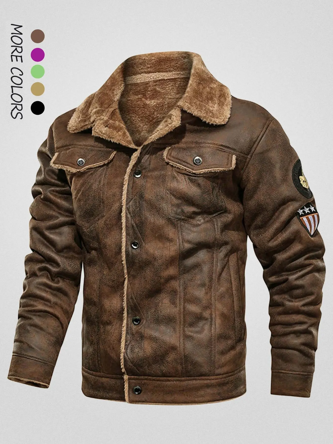 Men's Letter Patched Pocket Button Front Sherpa PU Jacket, Regular Fit Brown Casual Long Sleeve Lapel Neckline Outerwear for Winter, Casual Comfy Jacket, Men's Clothes for Daily Wear, Casual Fashion Coat, Coats, Casual Fitted Jackets, Casual Outerwears