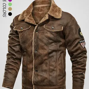 Men's Letter Patched Pocket Button Front Sherpa PU Jacket, Regular Fit Brown Casual Long Sleeve Lapel Neckline Outerwear for Winter, Men's Clothes for Daily Wear, Coats