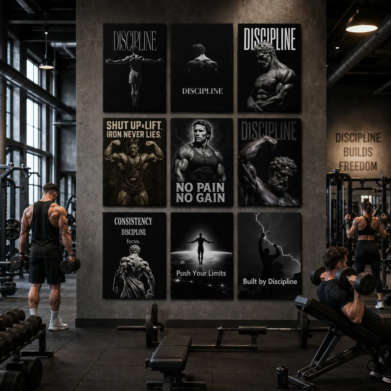 Strong Gym Motivation Canvas Wall Art - Discipline, No Pain No Gain Fitness Poster Prints, Black White Bodybuilding Decor for Home Gym, Bedroom Workout Gift