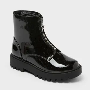 Art Class Kids' Myra Chelsea Boots - Black Faux Patent Leather with Speckled Finish & Star Zipper Detail - 5" Shaft