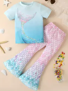 Two-Piece Girls' Casual Mermaid Print Sequin Short Sleeve Knit T-Shirt and Bell Pants Set, Lightweight Summer Clothes Set for Kids