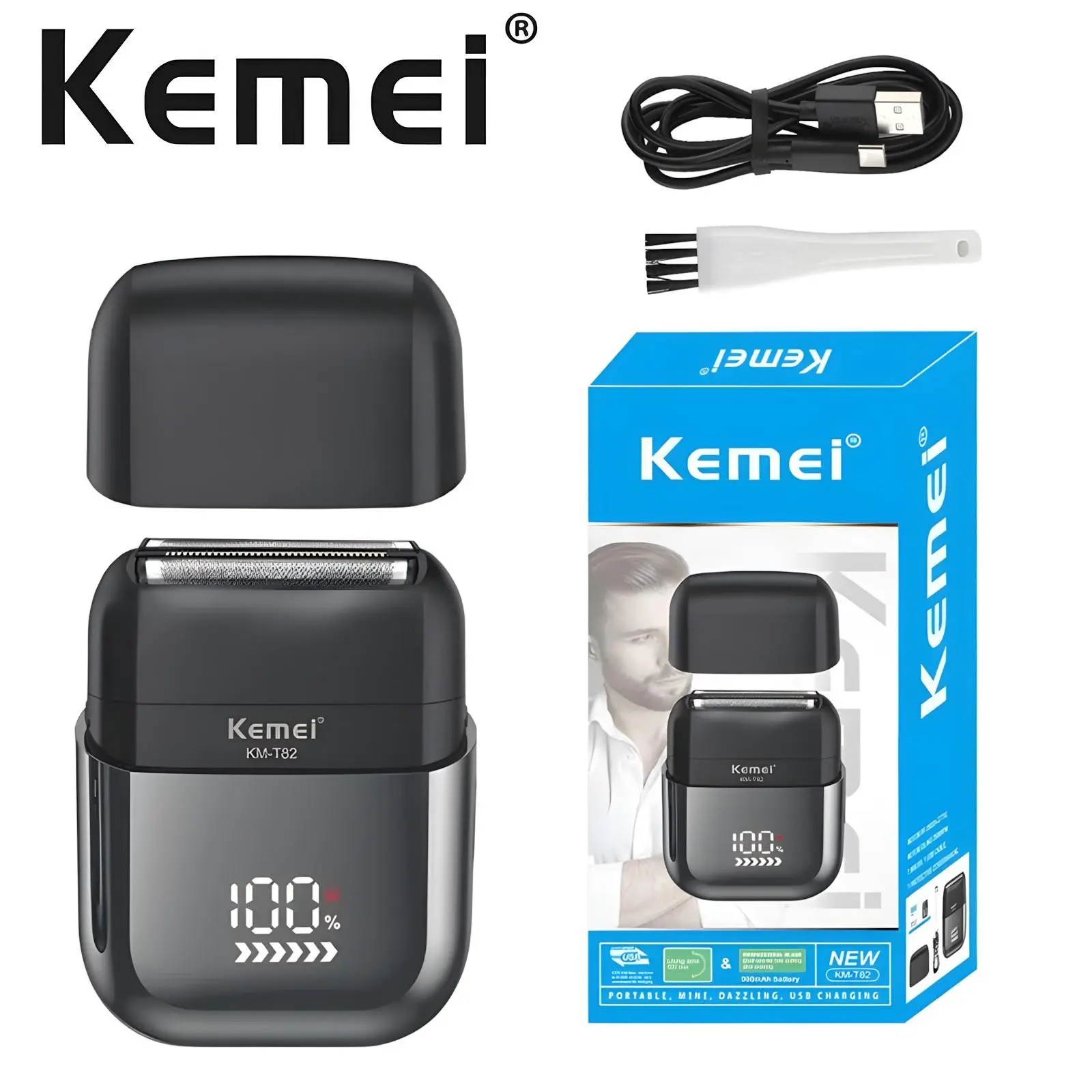 Kemei Km-T82 Rechargeable Electric Razor, USB Charging, LED Battery Display, Water-R Washable, Powerful Smooth Shave, Portable Travel Men's Beard Trimmer