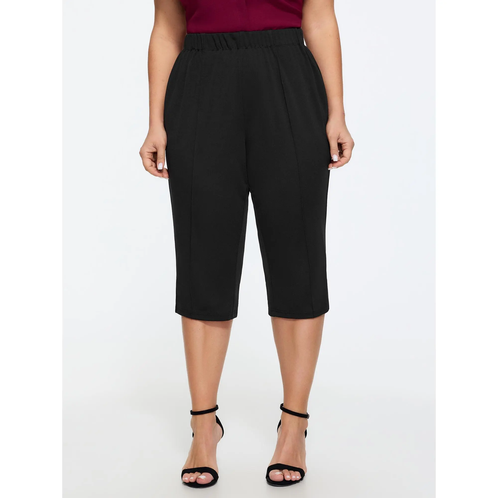 BLOOMCHIC Women's Plus Size Stretchy Spandex Fabric Basic Pull-On Cropped Bottoms Garment [M-6X] for Summer, Fit, Pants, Cropped Pants, Polyester Blend, Lady, Pull-On Fit, Minimalist, Elastane, Fitted