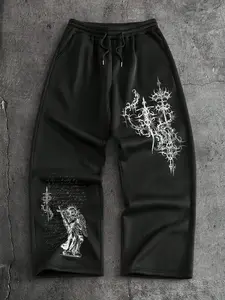 Trendy Gothic Metal Wind Sacred Thorn Sweatpants, Main Color Angel Statue Thorns Detail, Graphic, Loose Wide Leg Comfortable Cotton Blend, Casual Streetwear Trousers