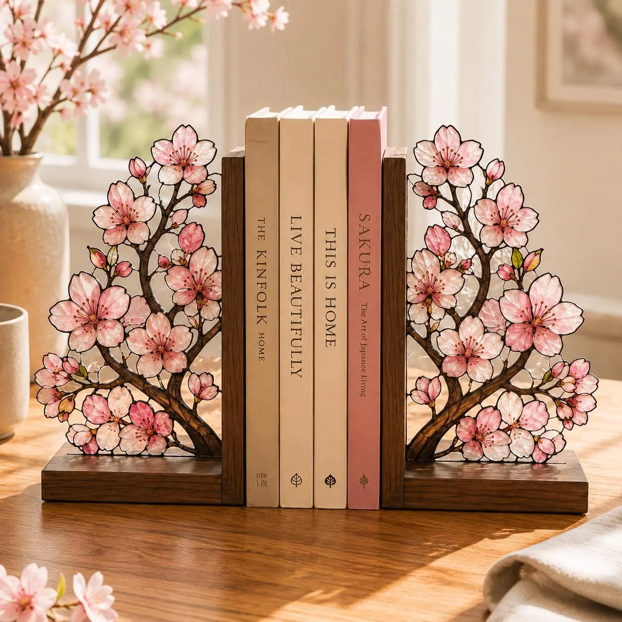 Cherry Blossom Acrylic Bookends, Sakura Wooden Book Ends, Floral Bookshelf Decor, Japanese Home Decor, Gift for Book Lover, Bookshelf Decor 2026, Best Friend Gift