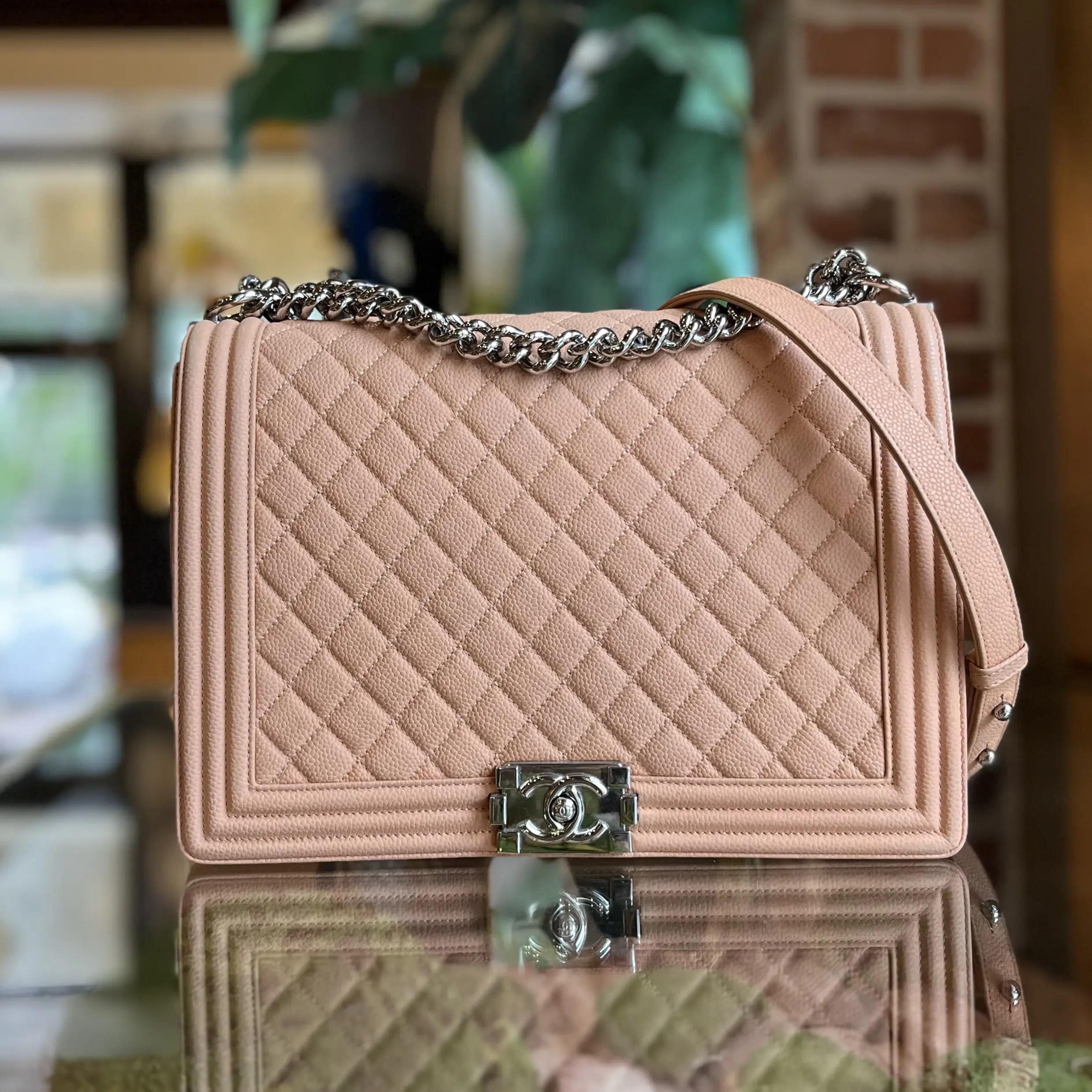 Pre-owned CHANEL Caviar Leather Shoulder bags Large Boy Bag Peach Quilted Matte Shoulder Bag