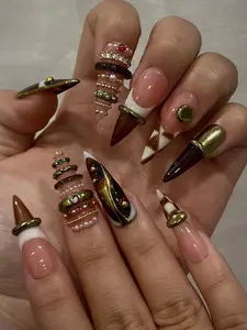Handmade Brown Gold Press On Nails, Ring Nail Art
