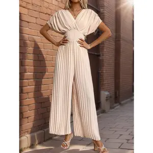 Perfee Pleated Short Sleeve Wide Leg Jumpsuit