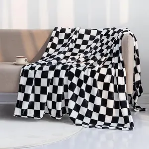 Throw Blankets Flannel Blanket with Checkerboard Grid Pattern Soft Throw Blanket for Couch, Bed, Sofa Luxurious Warm and Cozy for All Seasons (Black)