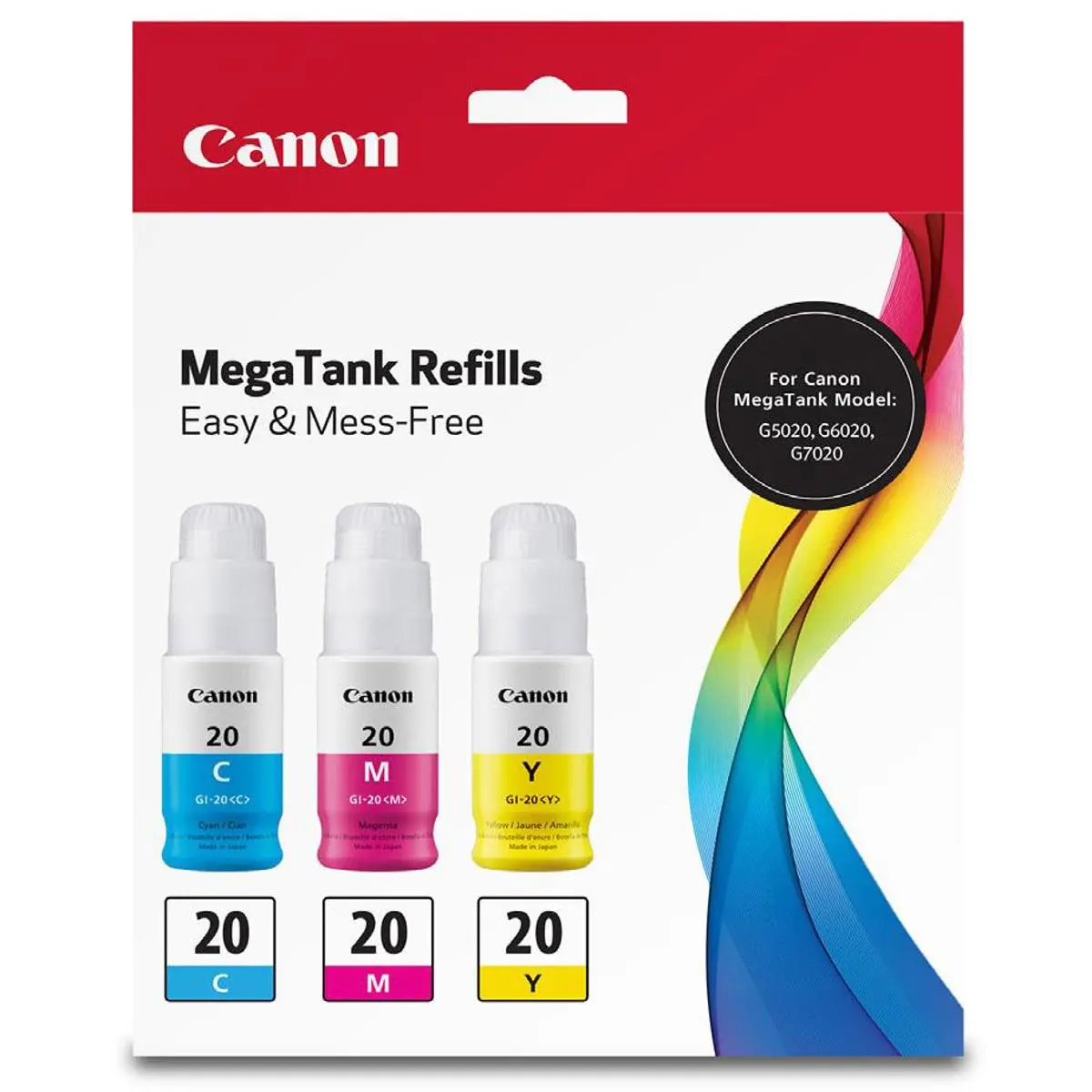 Canon GI-20 Cyan/Magenta/Yellow Ink Bottle Value Pack for G5020, G6020, G7020 PIXMA Printers