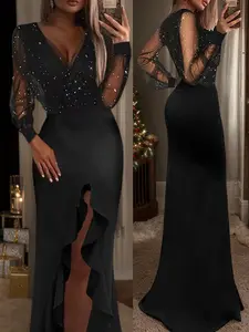 Women's Glitter Sequins Sheer Deep V Neck Dress, Elegant Fashion Long Sleeve Split Thigh Dress for Party Club Dating Wear, Women Dress for All Seasons