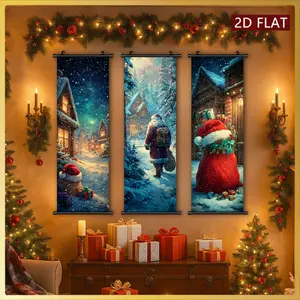 3pcs Christmas Decorations Wall Art  HD Printed Plastic Scroll Paintings Santa Claus Snow Scene Festive Decorations Odorless Fade-Resistant Xmas Home Decorations Hanging Paintings for Living Room