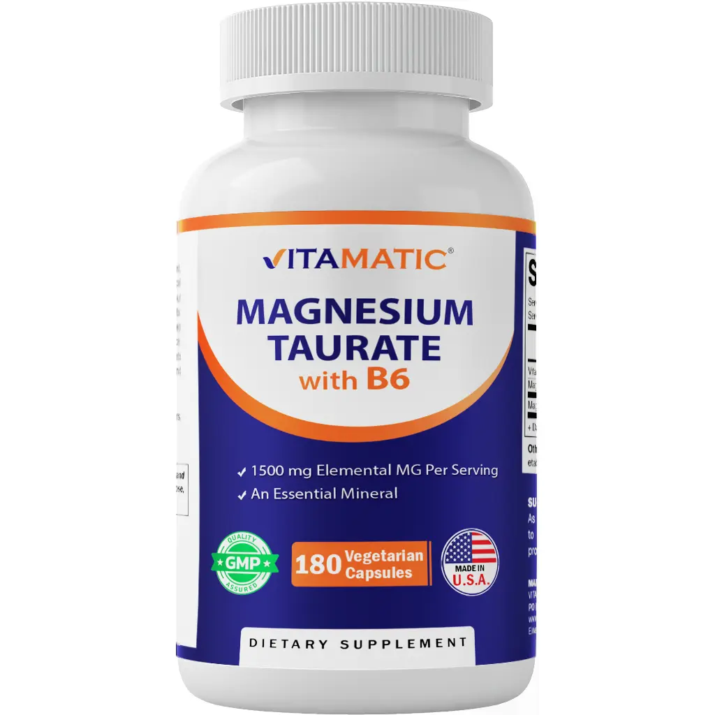 Vitamatic Advanced Strength Magnesium Taurate Natural Supplement - 1500mg/Serving, 180 Vegetarian Capsules, 300mg Elemental Magnesium, Added B6 for Max Absorption, GMP-Certified Minerals, No Artificial Flavor, No Preservatives, for Muscle & Heart Support,
