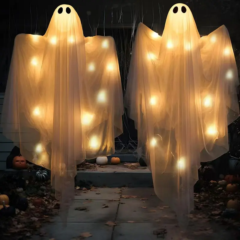 Large Lighted Hanging Ghost Decoration - Ghost Theme Haunted Look Hanging Lights, Outdoor Front Porch Decor, Porch Decor for Garden Haunted House Party Festive Supplies, Halloween Decor