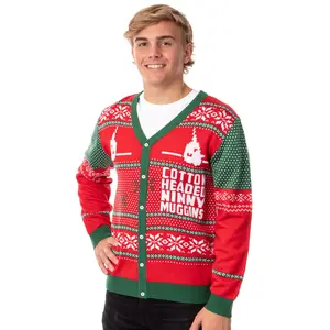 ELF The Movie Men's Cotton Headed Ninny Muggins Button-Down Ugly Sweater for Christmas