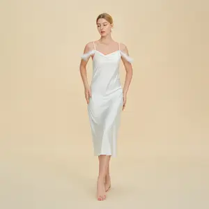 Sexy nightgown with straps, Russian cross-border one-shoulder dress, faux acetate nightgown, light luxury bridesmaid gift, strap dress, sexy off-shoulder feather-trimmed satin long dress, spicy girl style slim-fit bodycon dress