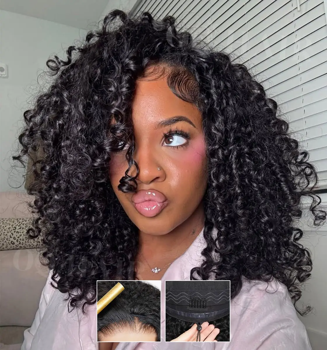 Wear And Go Burmese Curly 3 In 1 Half Wig Human Hair Glueless Wigs Human Hair 200% Density Curly Half Wigs For Women Kinky Curly Seamless Flip Wig Invisible Hairline