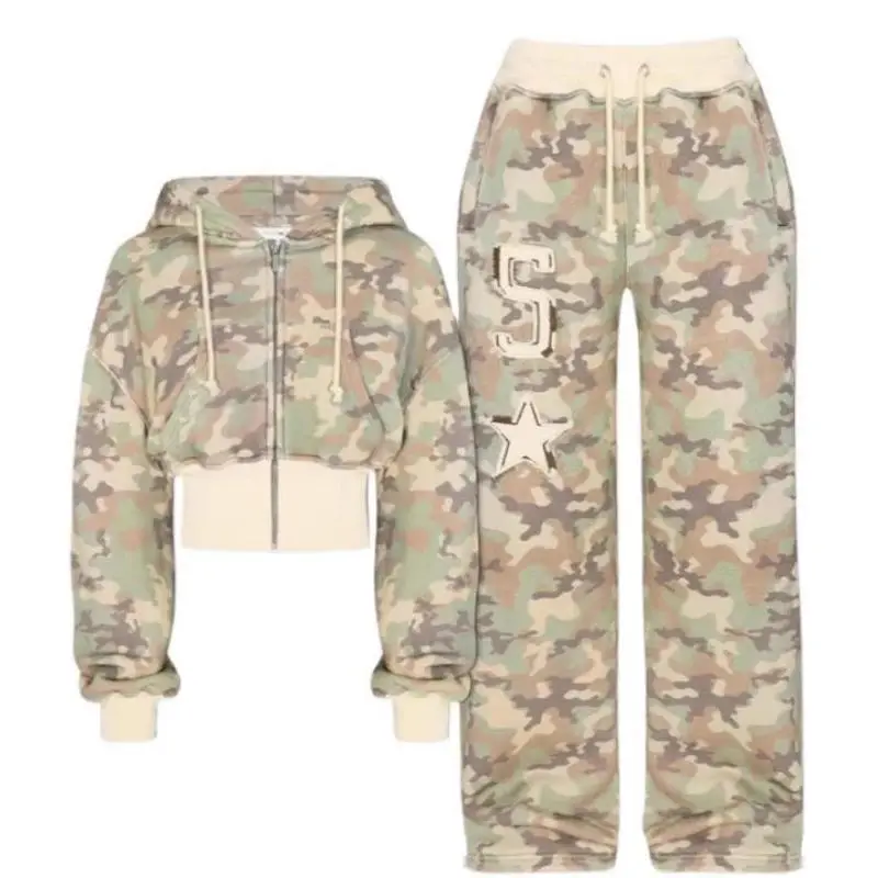 Women's 2-Piece Fashion Sportswear Set, Hip Hop Camouflage Hooded Neck Short Waist Slim Hoodie & Casual Loose Pants, Camouflage Print Casual Wear for Raincoat Pairing