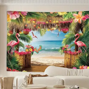 Hawaii Beach Tapestry Tropical Backdrop Flamingo Palm Tree Theme Wall Hanging Photography Background for Party Decoration Living Room Bedroom Indoor Outdoor Polyester
