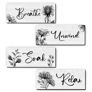 Wooden Letter & Floral Pattern Sign, 4pcs/set Rustic Farmhouse Decor Plaque, Vintage Plaque Decor, Hanging Wall Decor for Home Bathroom